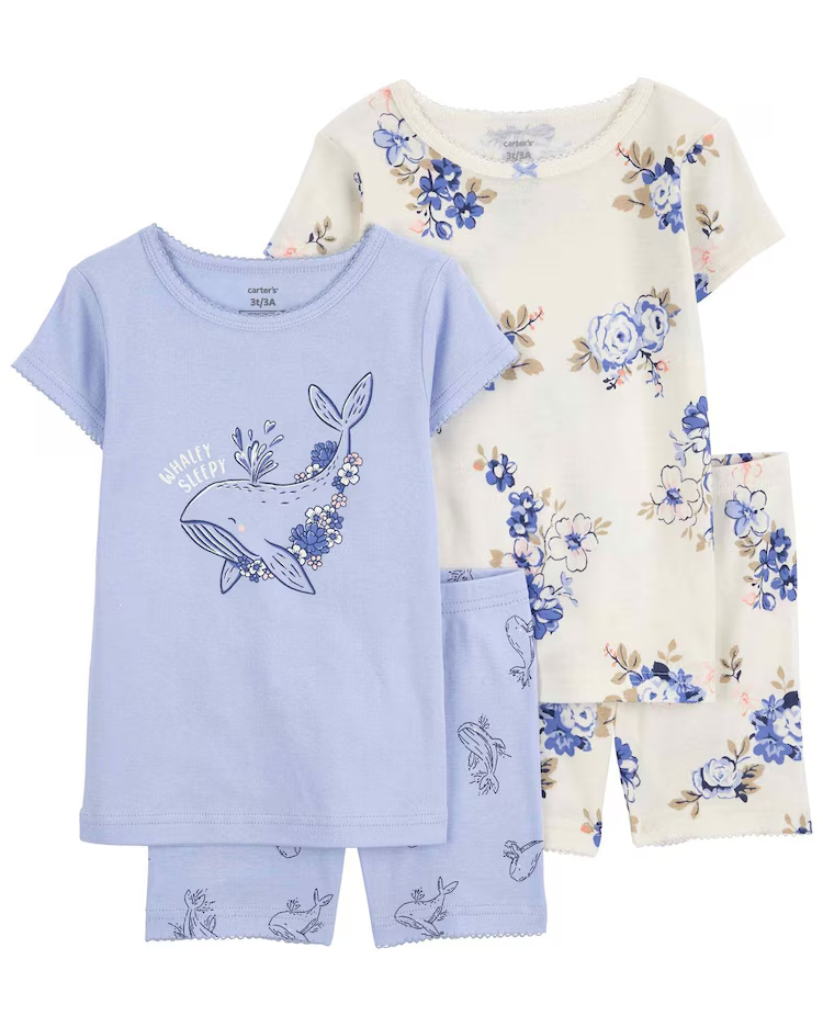 Pijama curto infantil 4 peças baleia floral multicor |